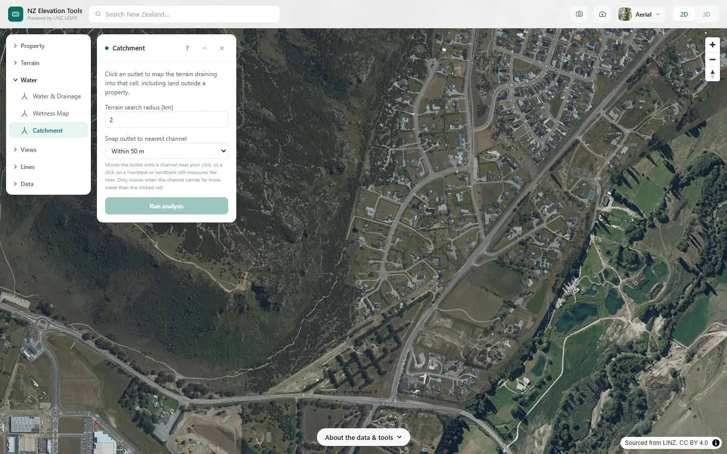 Catchment panel with search radius and outlet snapping settings