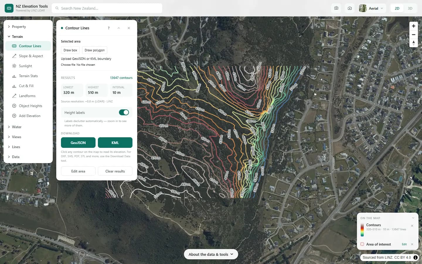 Coloured contour lines with height labels across Mt Iron