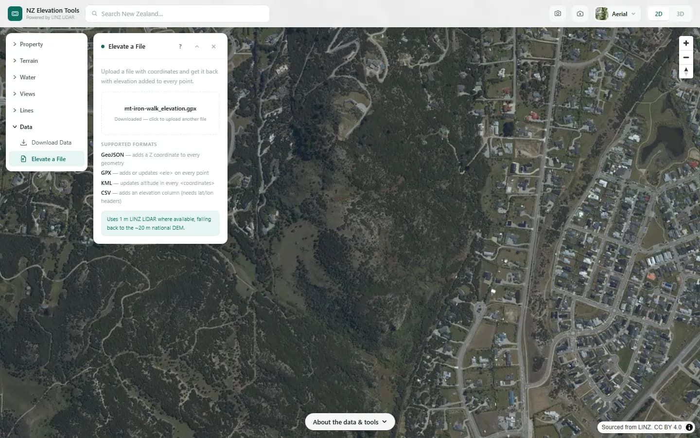 The panel reporting mt-iron-walk_elevation.gpx downloaded