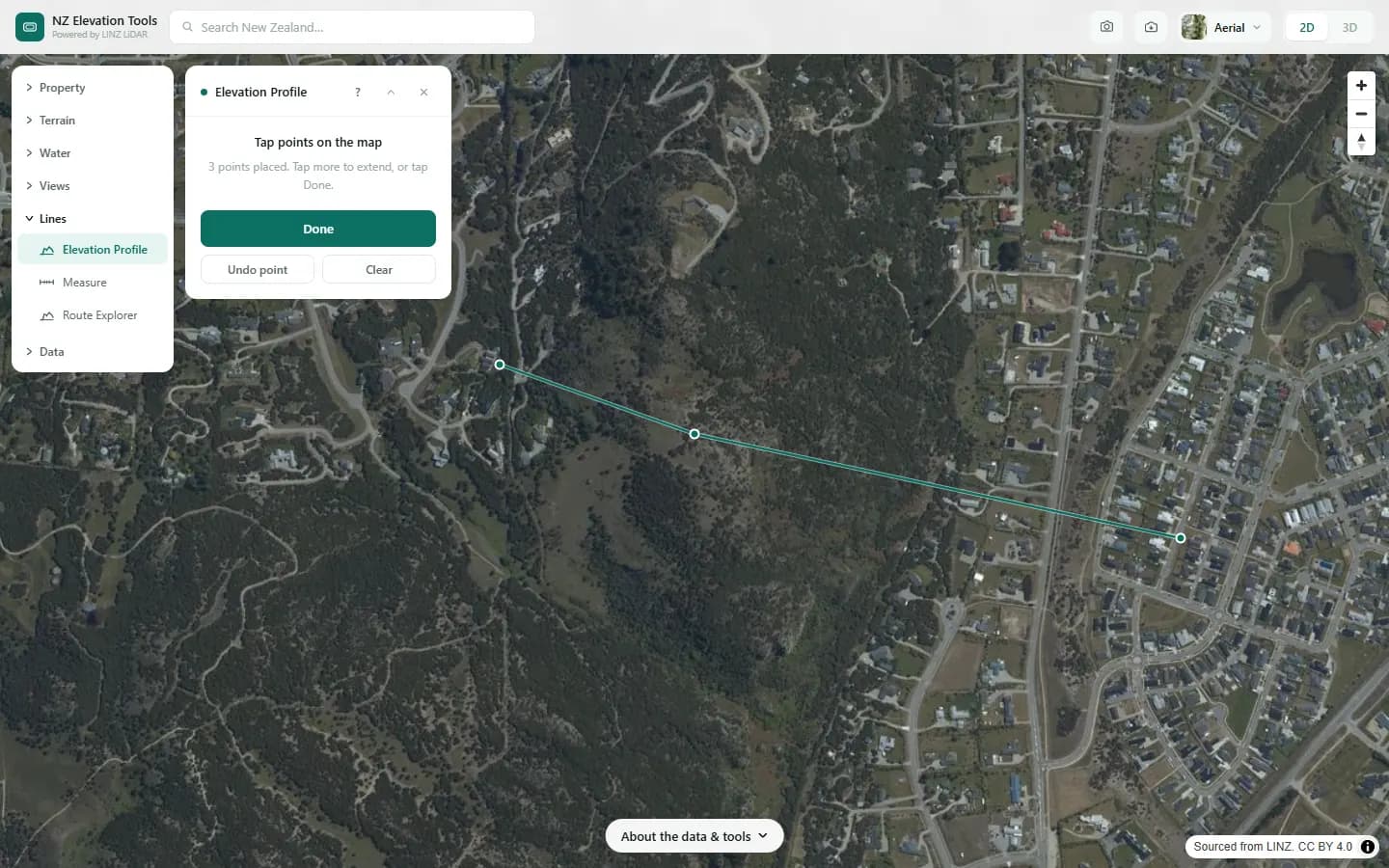 Three points tapped on the map from the suburb to the top of the hill