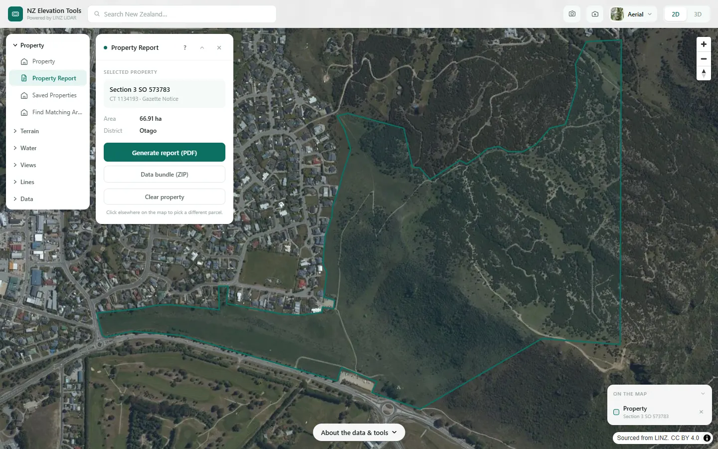 The Property Report panel with the reserve selected and a Generate report button