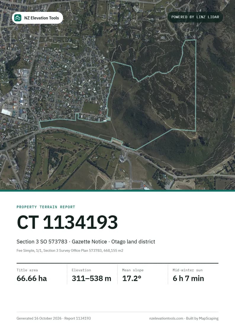 Cover page of the PDF report showing the parcel on an aerial photo of Wānaka