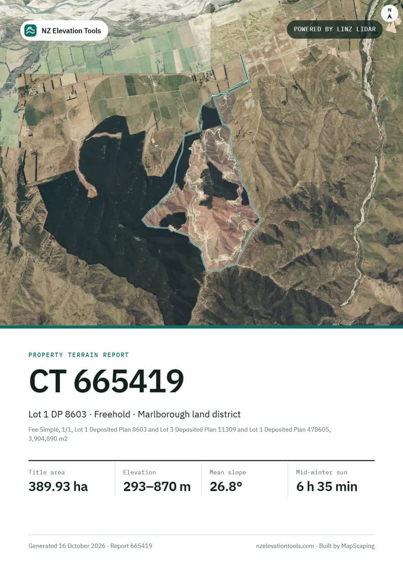 Cover page: the title boundary drawn on an aerial photo of a Marlborough hill block, with the title number, legal description and four key figures