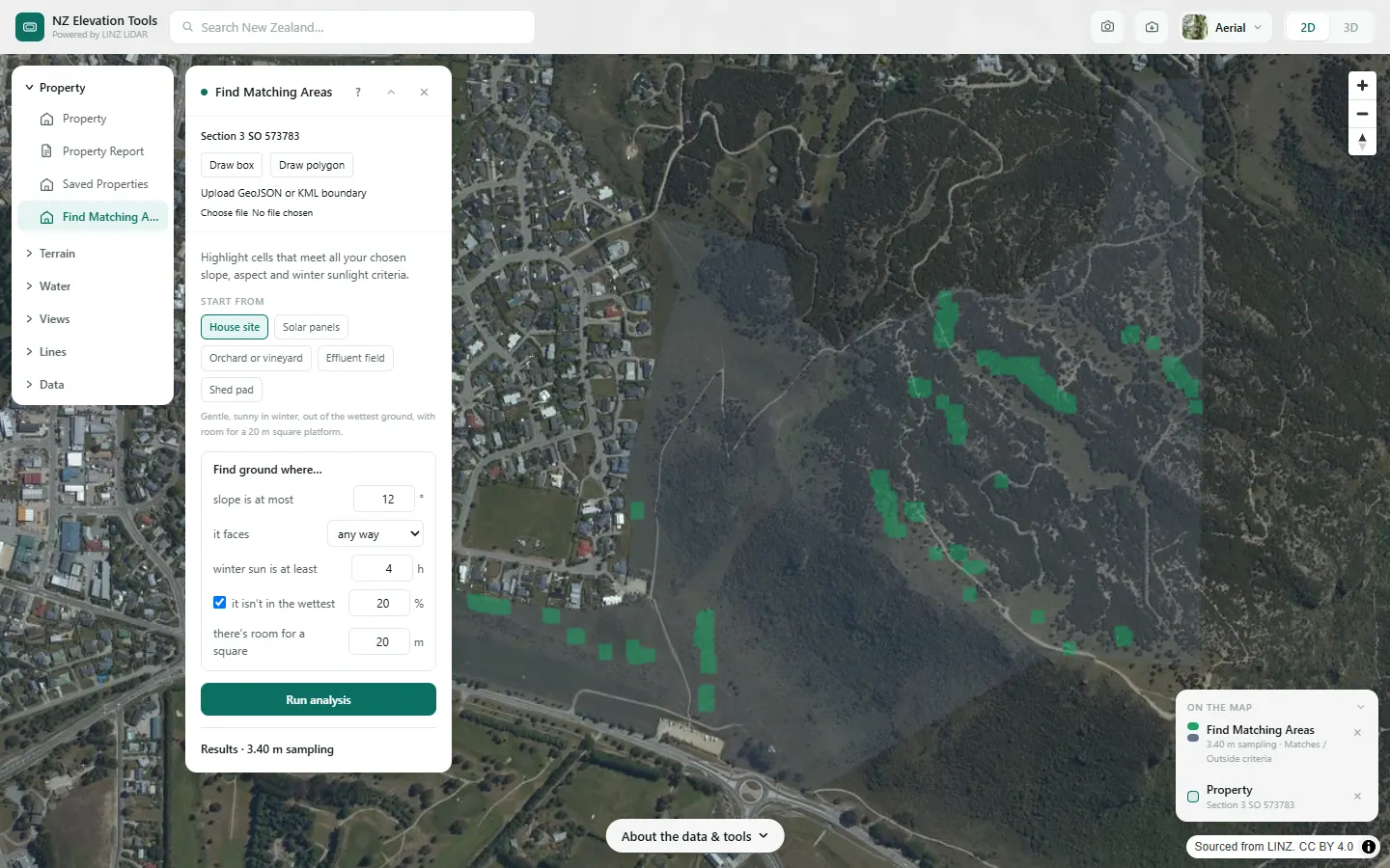 The House site preset applied: compact green patches scattered across the reserve